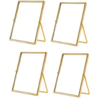 Semoic Gold Floating Picture Frame Set of 4, Gift Metal Glass Photo Frames, for Tabletop Display Vertically