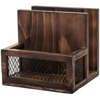 ISTOVO Farmhouse Multifunctional Napkin Holder for Home and Commercial Use, Rustic Solid Burnt Wood & Diamond Metal Wire Mesh