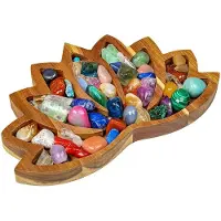 Semoic Lotus Crystal Display Tray - Showcase Your Gems, Healing Stones - 11inchX7inch Wooden Rock Bowl, Crystal Holder