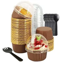 Semoic 150Pcs Aluminum Foil Cupcake Liners with Lids & Spoons 50 Sets Oven Safe Muffin Baking Cups for Wedding Party Coffee