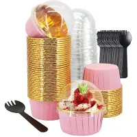 Semoic 150Pcs Aluminum Foil Cupcake Liners with Lids & Spoons 50 Sets Oven Safe Muffin Baking Cups for Wedding Party