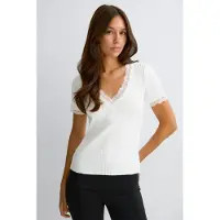 Gina Tricot Lace Detail Rib Top - White - M