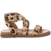Carmela for woman. 16238903-LEOPARDO Leather sandals 162389 brown (37), Flat, Buckle, Casual, Animal Print