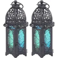 Typecat 2X Classic Moroccan Decor Windproof Candle Holders Votive Iron Glass Hanging Candlestick Candle Lantern Black