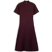 Tommy Hilfiger Gold Button High-Nk S/S Dress - Burgundy - S