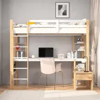 Hobby Hall Kerrossänky lapsille 90x200 cm turvalaidoilla, kirjoituspöydällä, hyllyllä ja tikkailla, puinen lastensänky, valkoinen