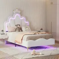 Rosahqnda Lasten Sänky 90 x 200 cm, Tyttöjen Sänky LED-valaistuksella ja Laatapohjalla, Uneksiva Tyyli Makuuhuoneeseen, Nahka, Valkoinen