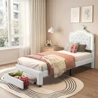 Rosahqnda Lasten Sänky Varastolaatikoilla, 90x200 Cm, Säädettävä Päätytyynyn Korkeus LED-Valaistuksella, Tyttöjen Makuuhuoneeseen, PU Nahasta