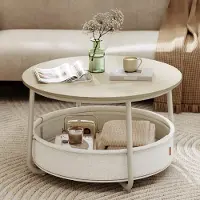 24.Se Pyöreä sohvapöytä Ø75×45 cm / olohuoneen pöytä 57,7 l:n säilytyskorilla – Beige/valkoinen
