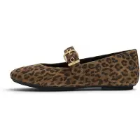 FitFlop for woman. ADQ-E76 Delicato Mary Jane Ballet Flats in Brown, for Delicate Skin (38), Beige, Split Leather, Buckle, Casual, Animal Pr