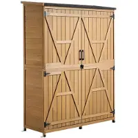 Vevor ulkovarasto, 125,5 x 162,5 cm puinen puutarhatyökaluvaja lukittavilla ovilla ja kaltevalla katolla, vedenpitävä ulkovarastokaappi hyllyillä ja lattialla takapihan terassille ja nurmikolle, ruske