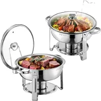 Vevor -lämpökupin buffet-setti, 5 litran 2 kpl, ruostumattomasta teräksestä valmistettu lämpökuppi 2 täysikokoisella pannulla, pyöreä tarjoilulämmitin lasikannella, vesipannu, taitettava jalusta, poltt