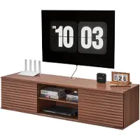 Vevor kelluva TV-taso, 60" seinälle kiinnitettävä viihdekeskus säädettävällä hyllyllä ja liukuovilla, 2-tasoinen kelluva TV-hylly säilytyskaapilla DVD-soittimelle, kaapelivastaanottimelle, pelikonsoli