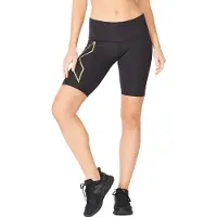 2XU Women's Light Speed Mid-Rise Compression Shorts Black/Gold Treenishortsit XS