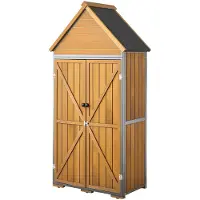 Vevor ulkovarasto, 76 x 170 cm puusta ja metallista valmistettu puutarhatyökaluvaja lukittavilla ovilla ja kaltevalla katolla, vedenpitävä ulkovarastokaappi hyllyillä ja lattialla takapihan patiolle j