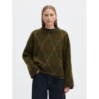 Selected Slwlulu Brushed Argyle Knit O-Neck Noos - Khaki green - XXL