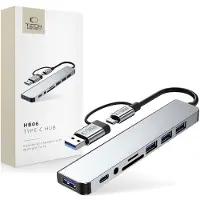 Tech-Protect HB06 9-in-1 USB-A/USB-C keskittimen sovitin, jossa USB 2.0, USB 3.0, SD/TF-kortinlukijat, 3.5mm:n ääniliitäntä, Type-C - Avaruusharmaa